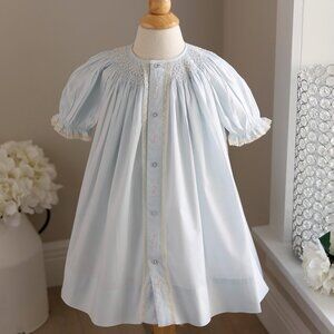 Blue Smocked Dress Bishop 100% Cotton Vintage Lace Hand Embroidery 24 Months